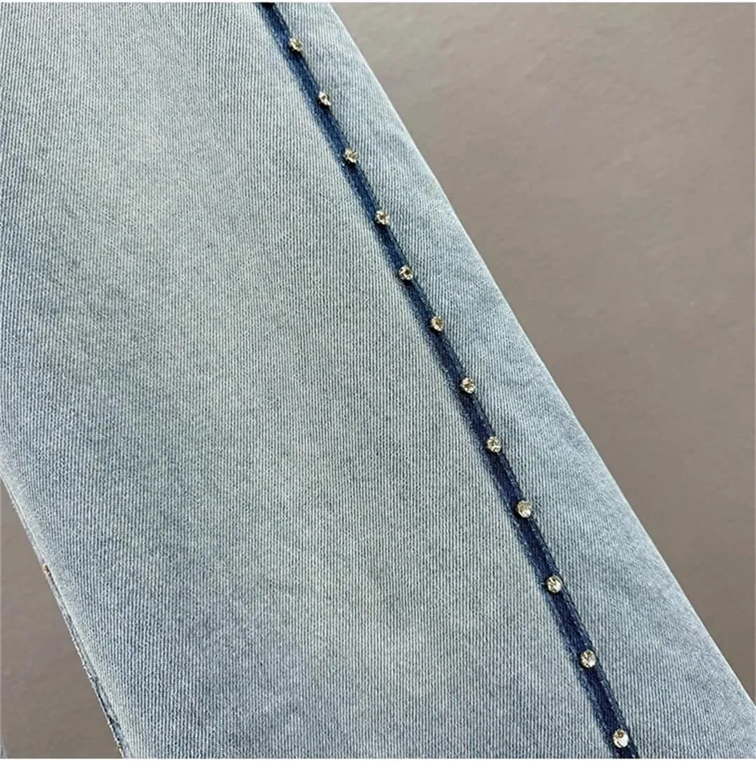 Women's Jeans Diamonds Blue Lines Decoration High Waist Straight Wide Leg Denim Pants