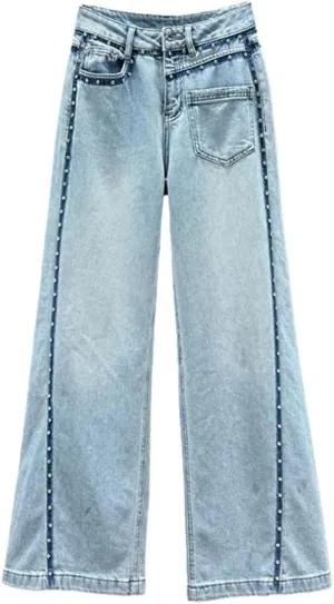 Women's Jeans Diamonds Blue Lines Decoration High Waist Straight Wide Leg Denim Pants