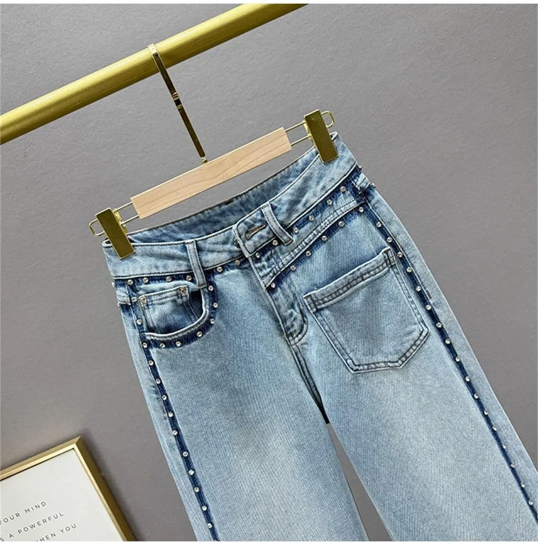 Women's Jeans Diamonds Blue Lines Decoration High Waist Straight Wide Leg Denim Pants