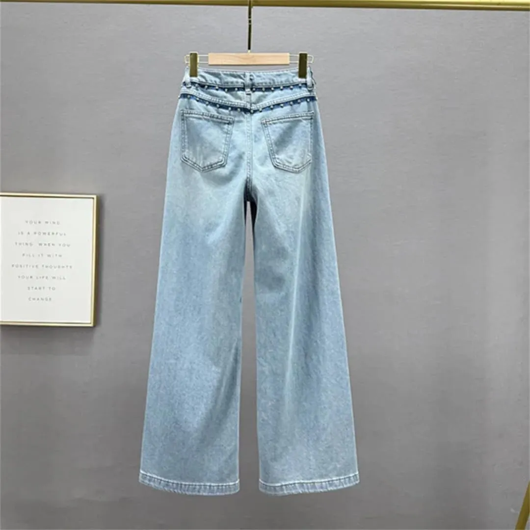 Women's Jeans Diamonds Blue Lines Decoration High Waist Straight Wide Leg Denim Pants