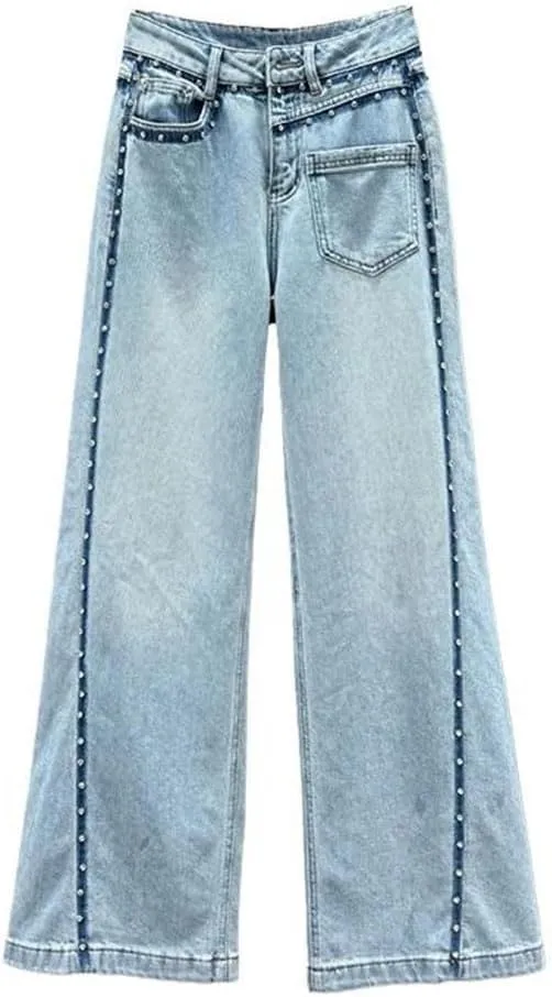 Women's Jeans Diamonds Blue Lines Decoration High Waist Straight Wide Leg Denim Pants