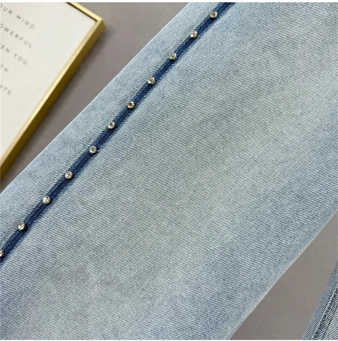 Women's Jeans Diamonds Blue Lines Decoration High Waist Straight Wide Leg Denim Pants
