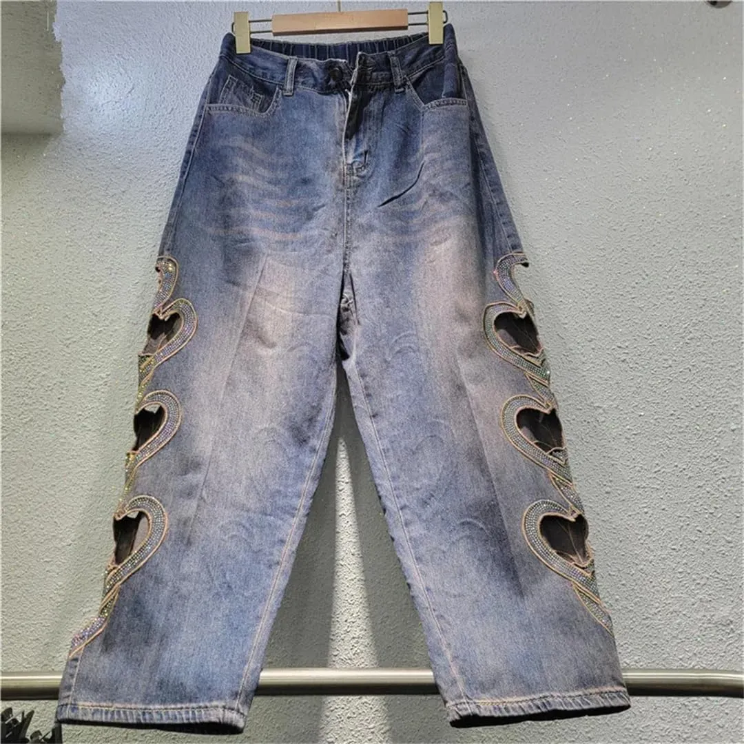 Women's Jeans Heart Rhinestone Hollow Out Elastic Waist Ankle-Length Wide Leg Denim Pants