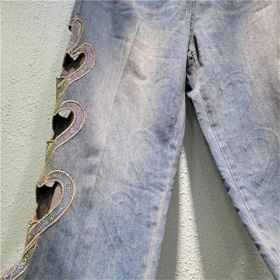 Women's Jeans Heart Rhinestone Hollow Out Elastic Waist Ankle-Length Wide Leg Denim Pants
