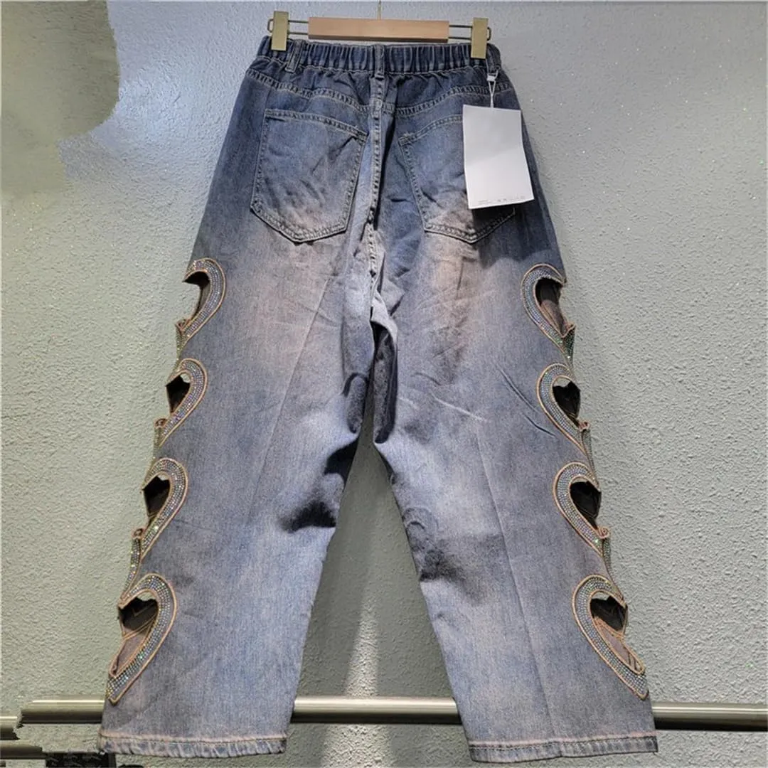 Women's Jeans Heart Rhinestone Hollow Out Elastic Waist Ankle-Length Wide Leg Denim Pants