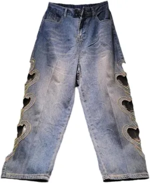 Women's Jeans Heart Rhinestone Hollow Out Elastic Waist Ankle-Length Wide Leg Denim Pants
