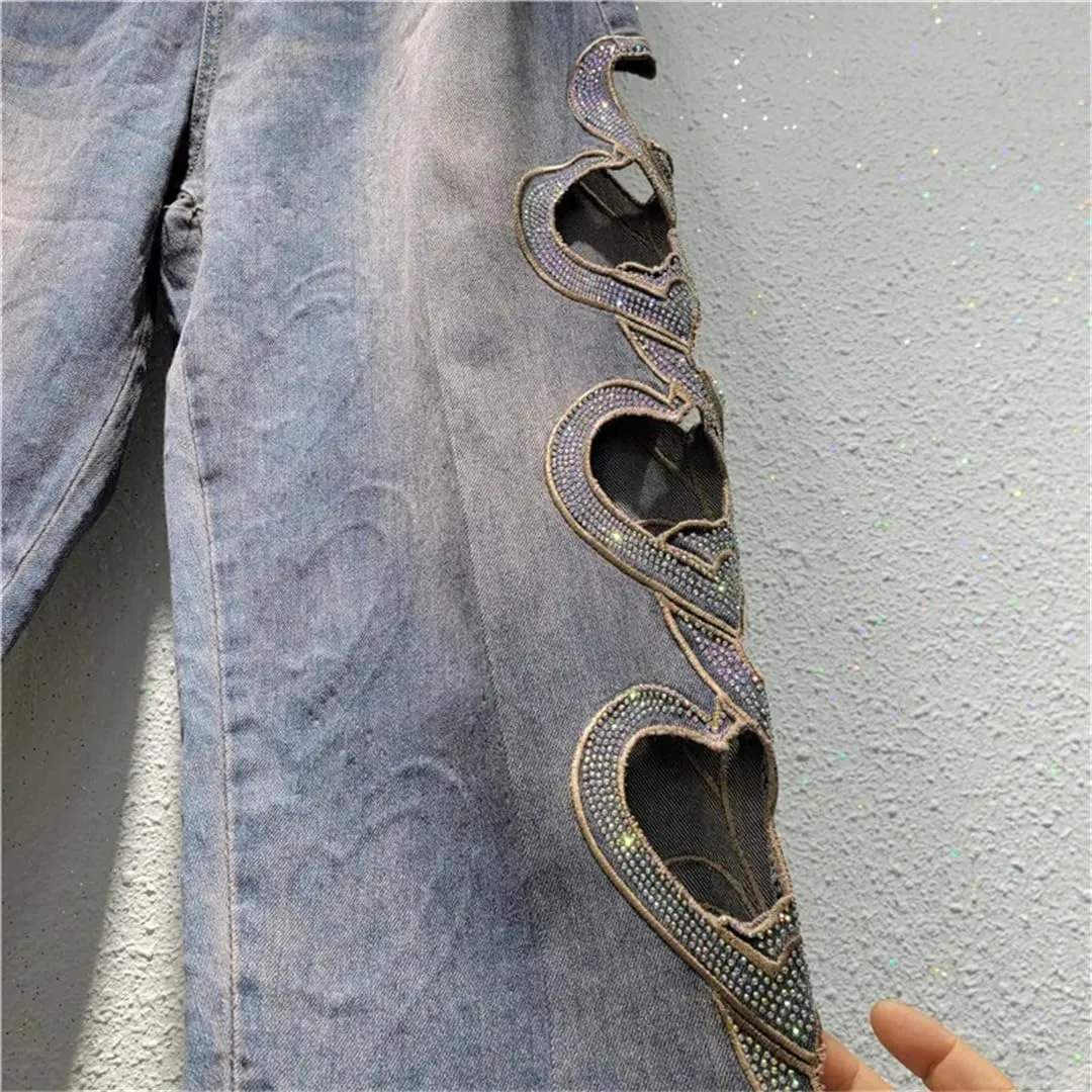 Women's Jeans Heart Rhinestone Hollow Out Elastic Waist Ankle-Length Wide Leg Denim Pants