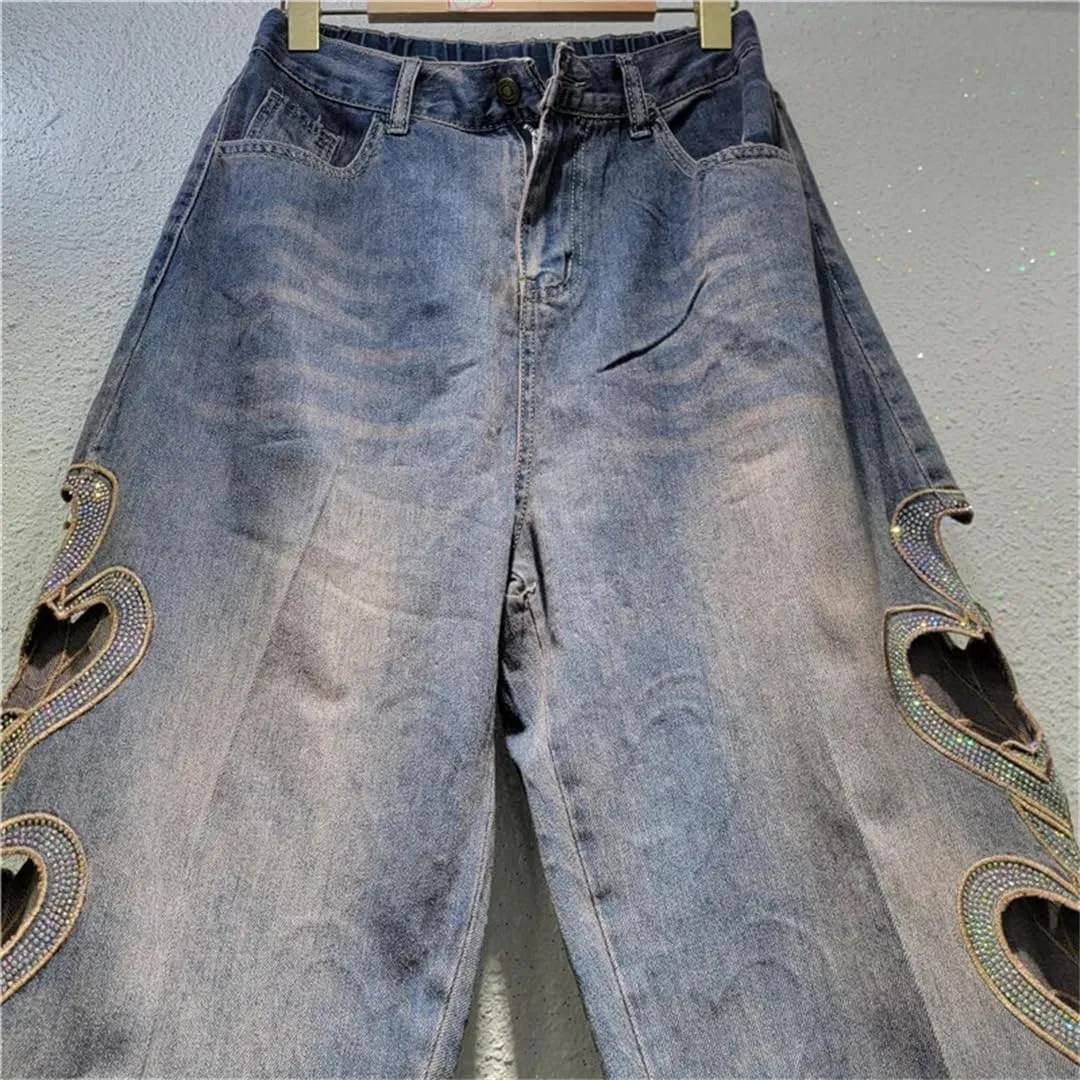 Women's Jeans Heart Rhinestone Hollow Out Elastic Waist Ankle-Length Wide Leg Denim Pants