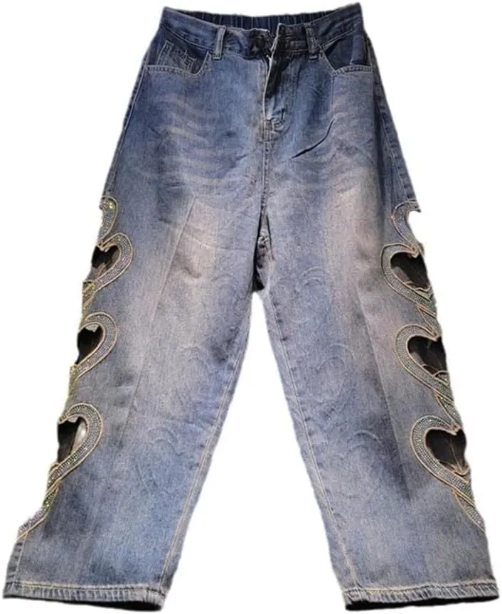 Women's Jeans Heart Rhinestone Hollow Out Elastic Waist Ankle-Length Wide Leg Denim Pants