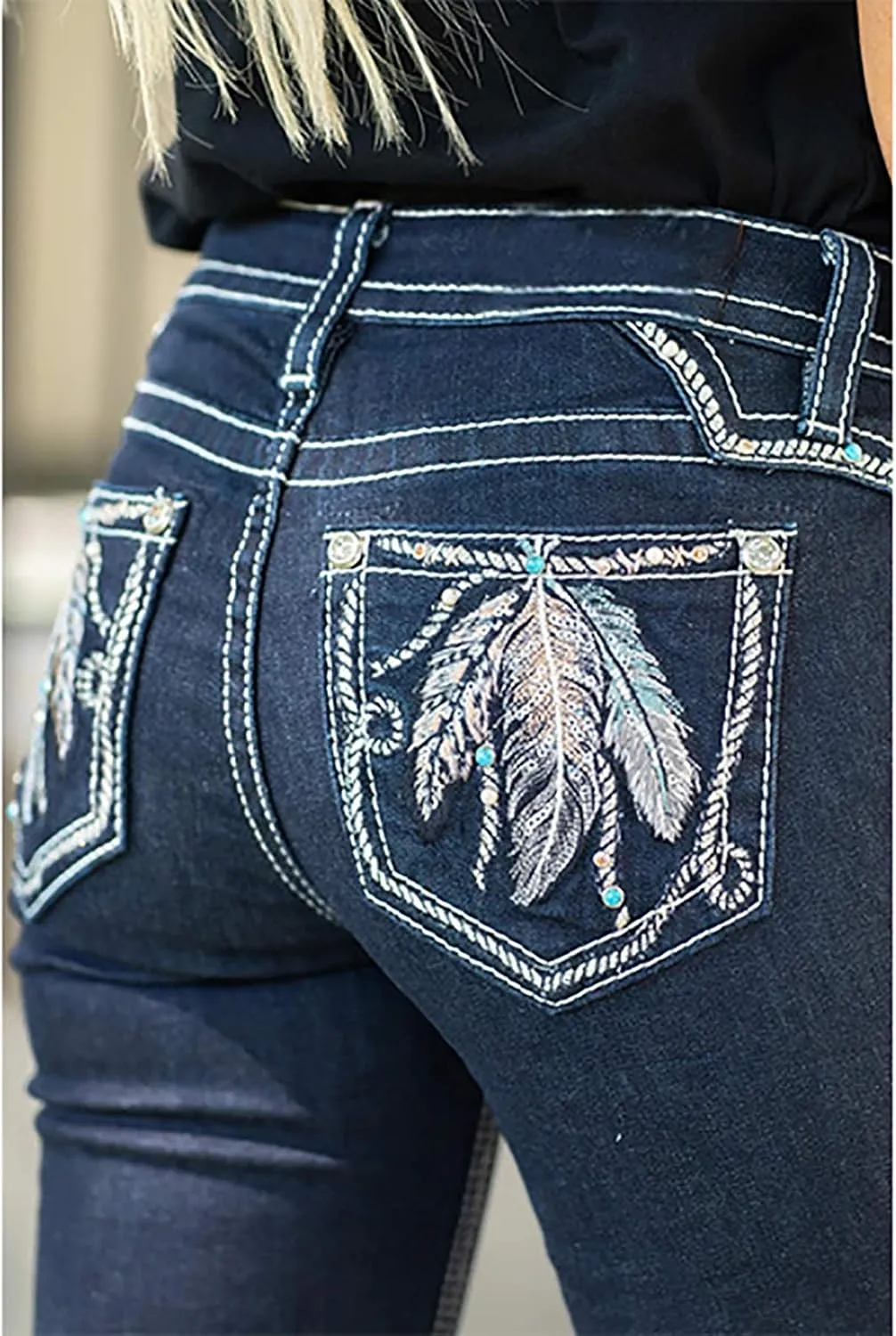 Women's Jeans High Rise Feather Embroidery Stretchy Bootcut Slim Wide Leg Denim Pants