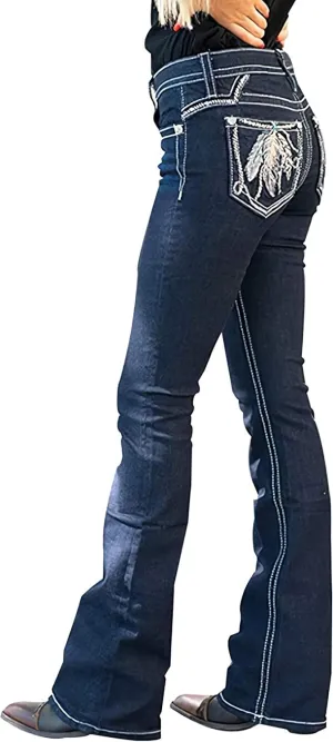 Women's Jeans High Rise Feather Embroidery Stretchy Bootcut Slim Wide Leg Denim Pants