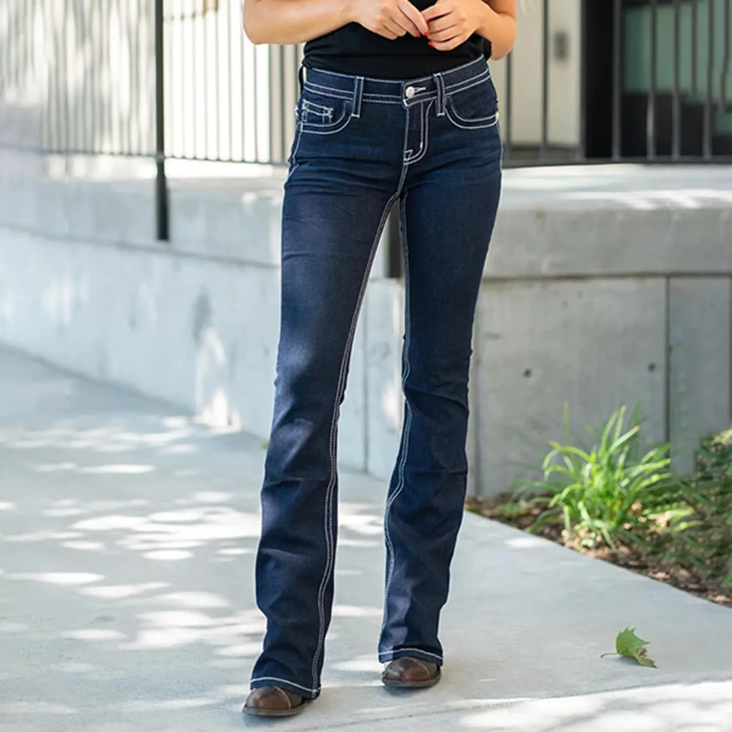 Women's Jeans High Rise Feather Embroidery Stretchy Bootcut Slim Wide Leg Denim Pants