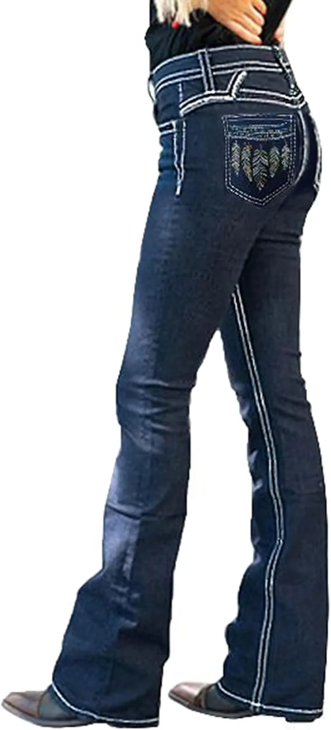 Women's Jeans High Rise Feather Embroidery Stretchy Bootcut Slim Wide Leg Denim Pants