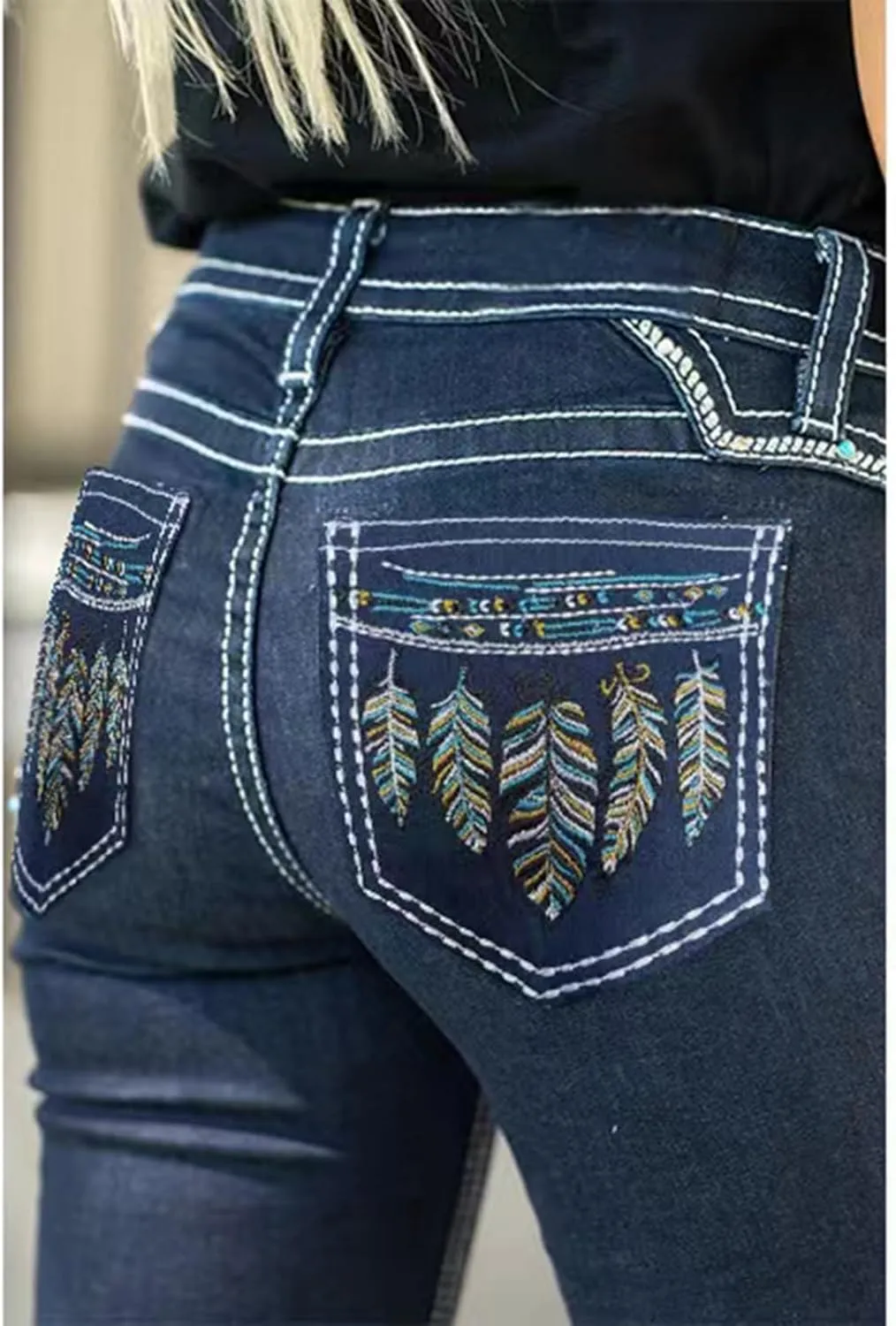 Women's Jeans High Rise Feather Embroidery Stretchy Bootcut Slim Wide Leg Denim Pants
