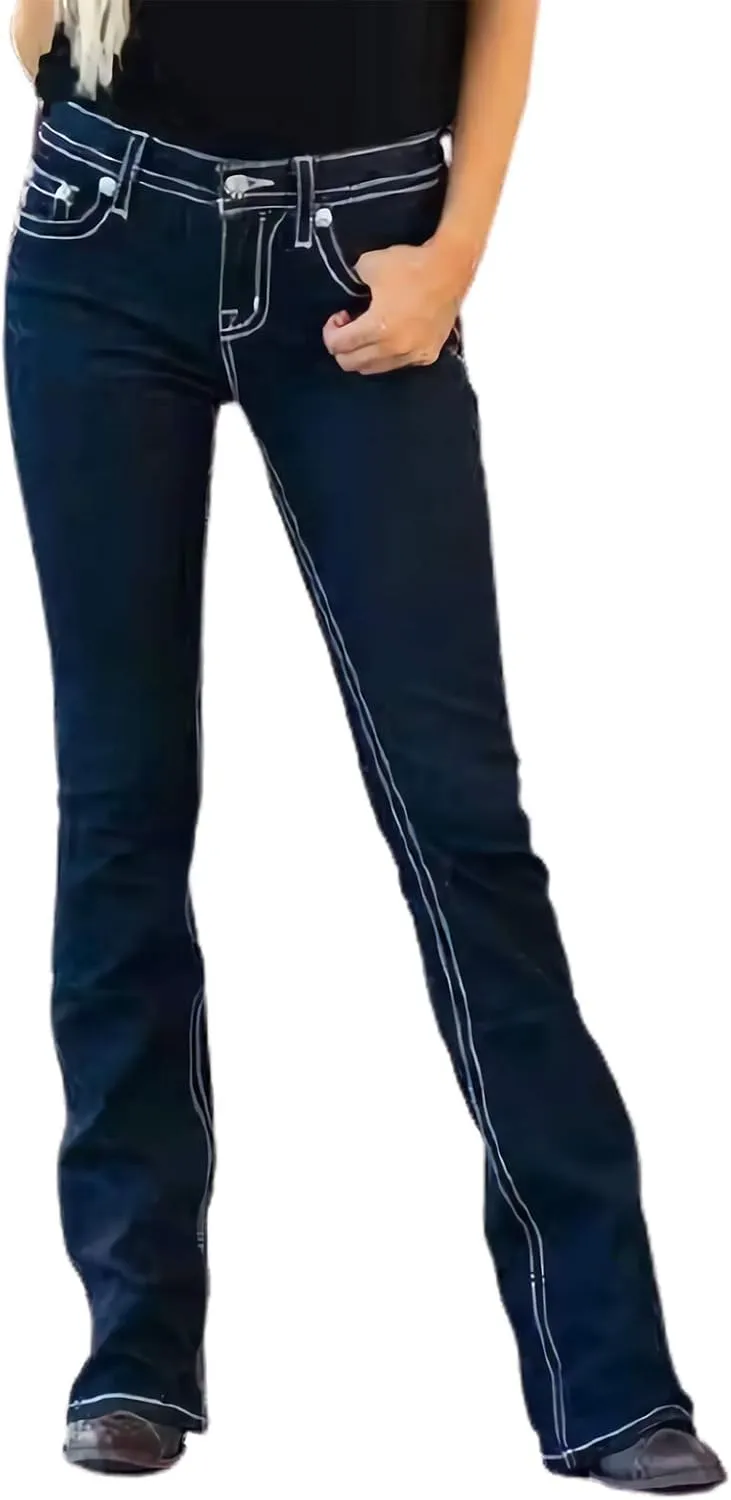 Women's Jeans High Rise Feather Embroidery Stretchy Bootcut Slim Wide Leg Denim Pants