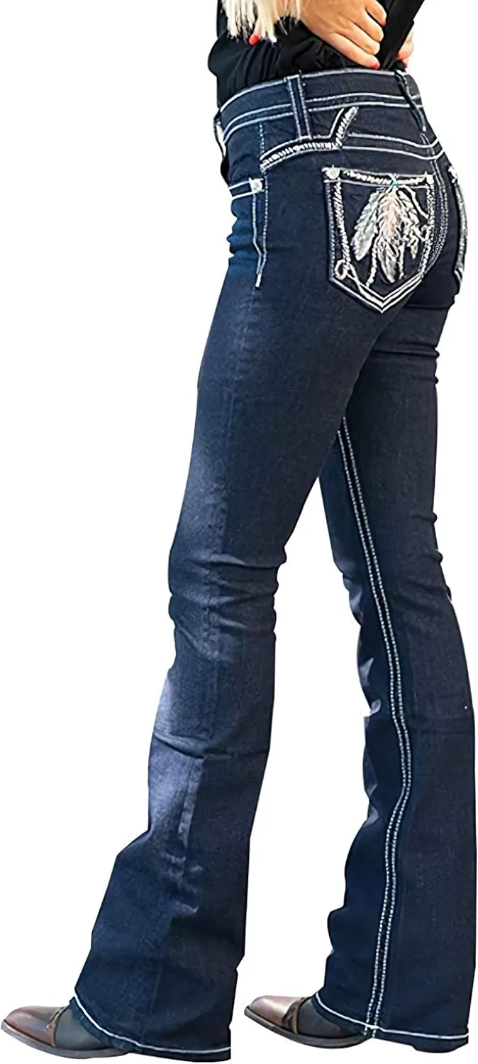 Women's Jeans High Rise Feather Embroidery Stretchy Bootcut Slim Wide Leg Denim Pants