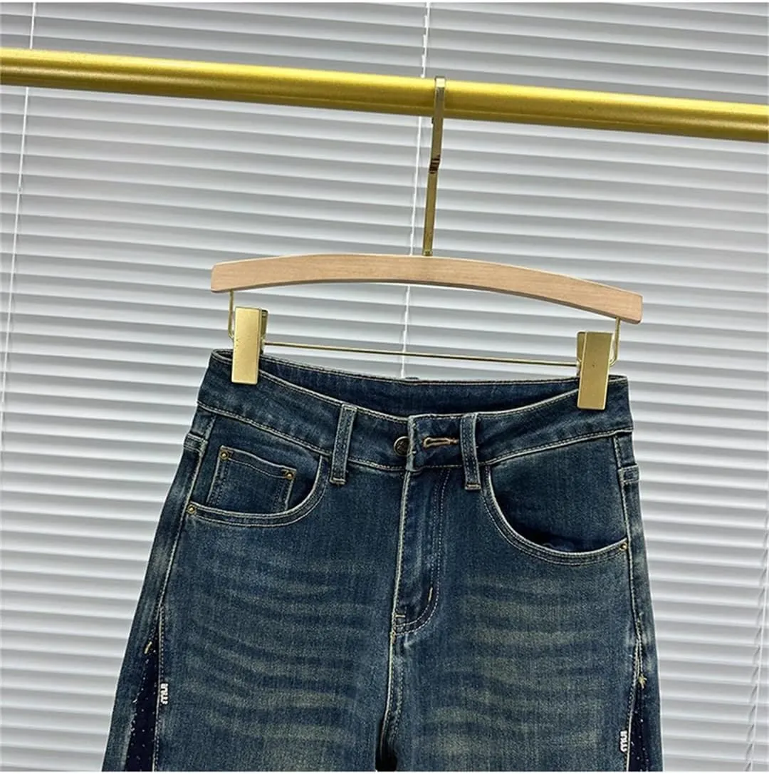Women's Jeans Patchwork Design Panelled Rhinestone High Waist Straight Wide Leg Denim Pants