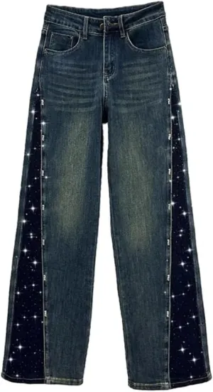 Women's Jeans Patchwork Design Panelled Rhinestone High Waist Straight Wide Leg Denim Pants