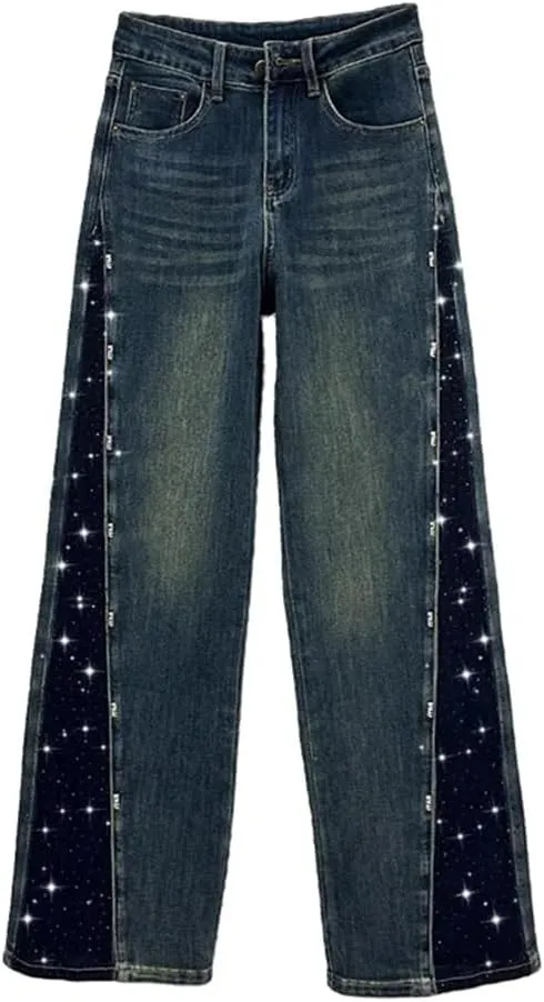 Women's Jeans Patchwork Design Panelled Rhinestone High Waist Straight Wide Leg Denim Pants