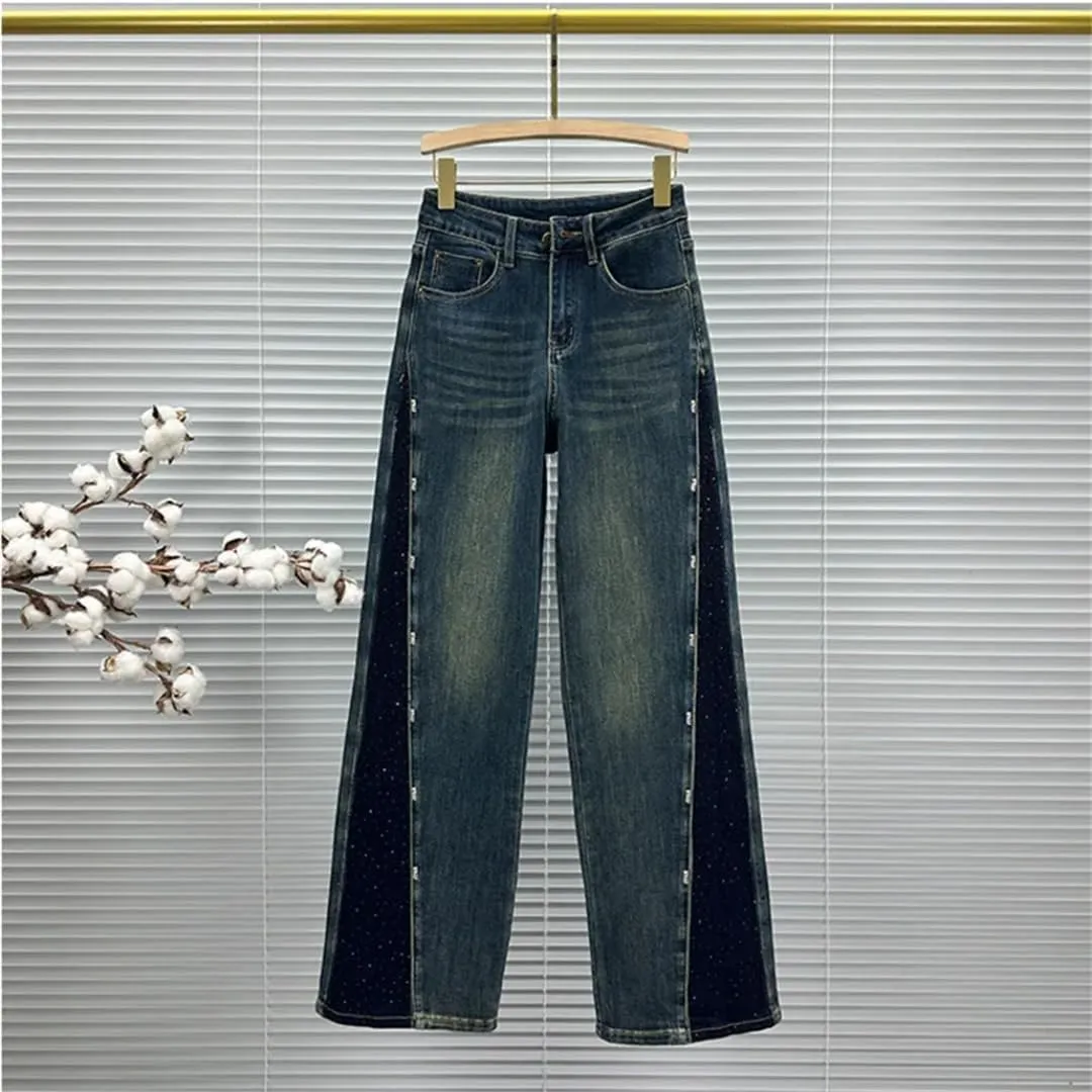 Women's Jeans Patchwork Design Panelled Rhinestone High Waist Straight Wide Leg Denim Pants