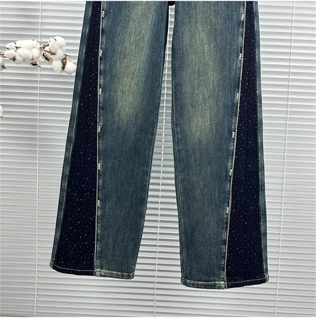 Women's Jeans Patchwork Design Panelled Rhinestone High Waist Straight Wide Leg Denim Pants