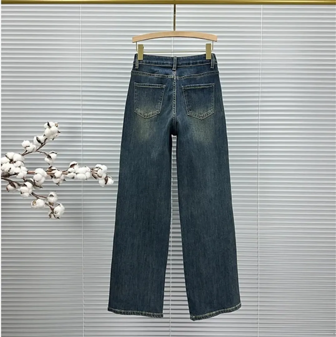 Women's Jeans Patchwork Design Panelled Rhinestone High Waist Straight Wide Leg Denim Pants