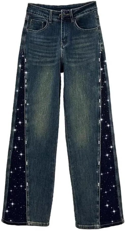 Women's Jeans Patchwork Design Panelled Rhinestone High Waist Straight Wide Leg Denim Pants