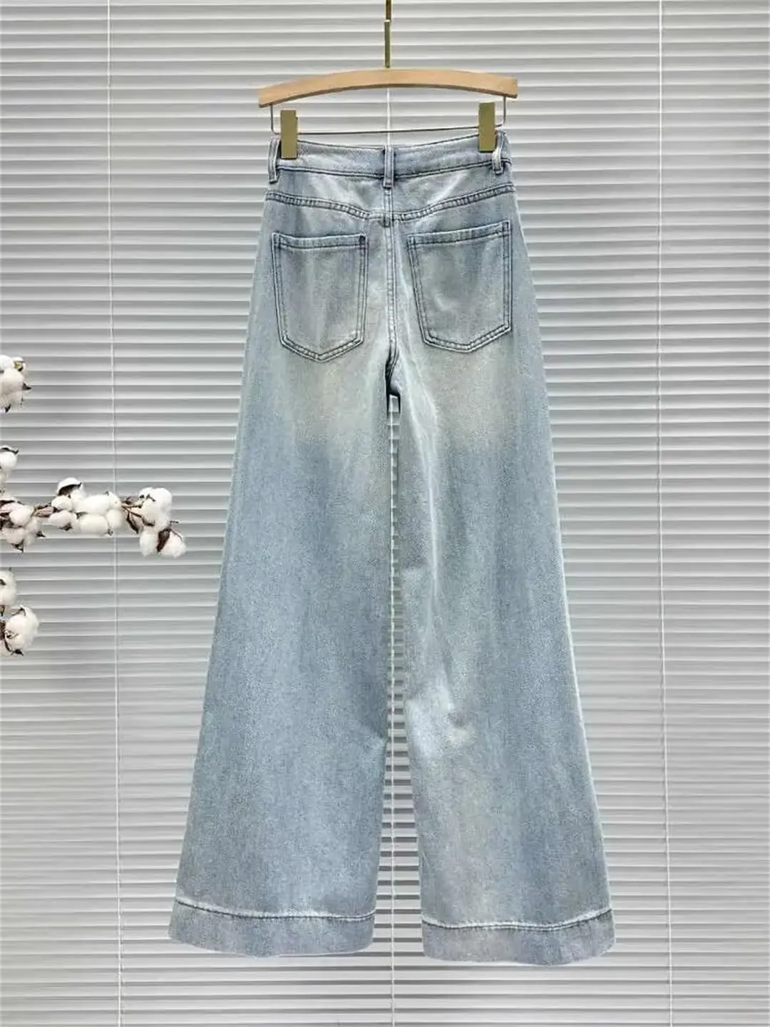 Women's Jeans White Butterfly Hot Rhinestone High Waist Straight Wide Leg Denim Pants