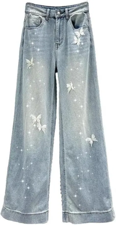 Women's Jeans White Butterfly Hot Rhinestone High Waist Straight Wide Leg Denim Pants