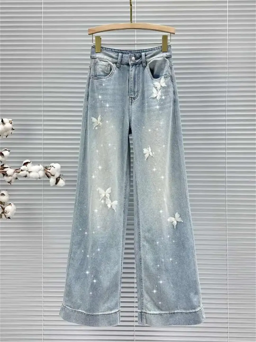Women's Jeans White Butterfly Hot Rhinestone High Waist Straight Wide Leg Denim Pants