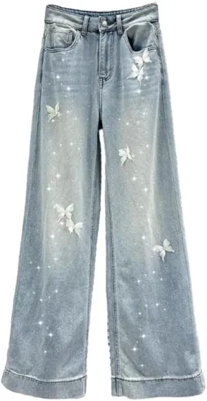 Women's Jeans White Butterfly Hot Rhinestone High Waist Straight Wide Leg Denim Pants
