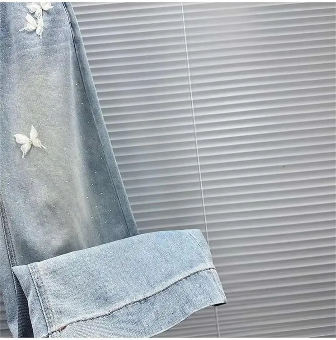 Women's Jeans White Butterfly Hot Rhinestone High Waist Straight Wide Leg Denim Pants