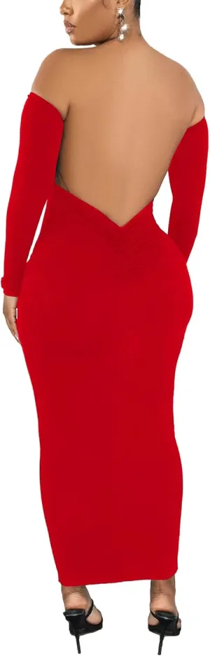 Womens Long Sleeve Off The Shoulder Maxi Dress Sexy Bodycon Midi Dresses Club Outfits