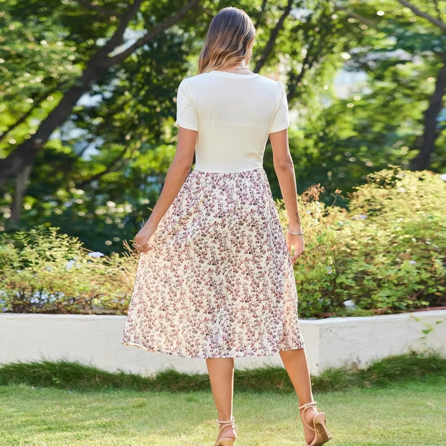 Womens Midi Dress Summer Short Sleeve Dress with Pockets 2025 Casual Floral T-Shirt Dress Flowy Beach Sundress