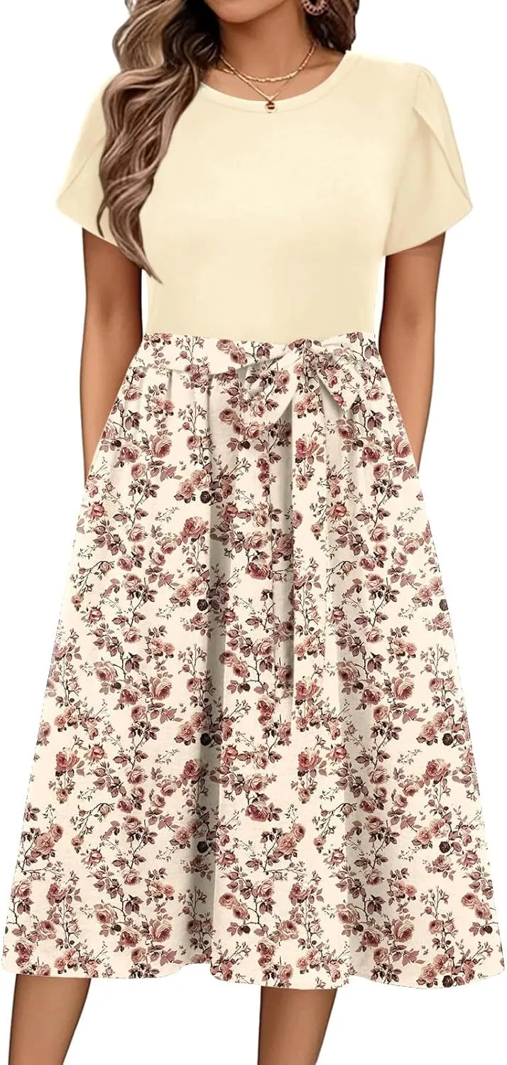 Womens Midi Dress Summer Short Sleeve Dress with Pockets 2025 Casual Floral T-Shirt Dress Flowy Beach Sundress