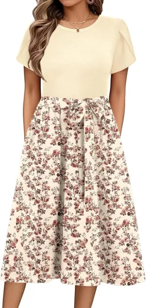 Womens Midi Dress Summer Short Sleeve Dress with Pockets 2025 Casual Floral T-Shirt Dress Flowy Beach Sundress