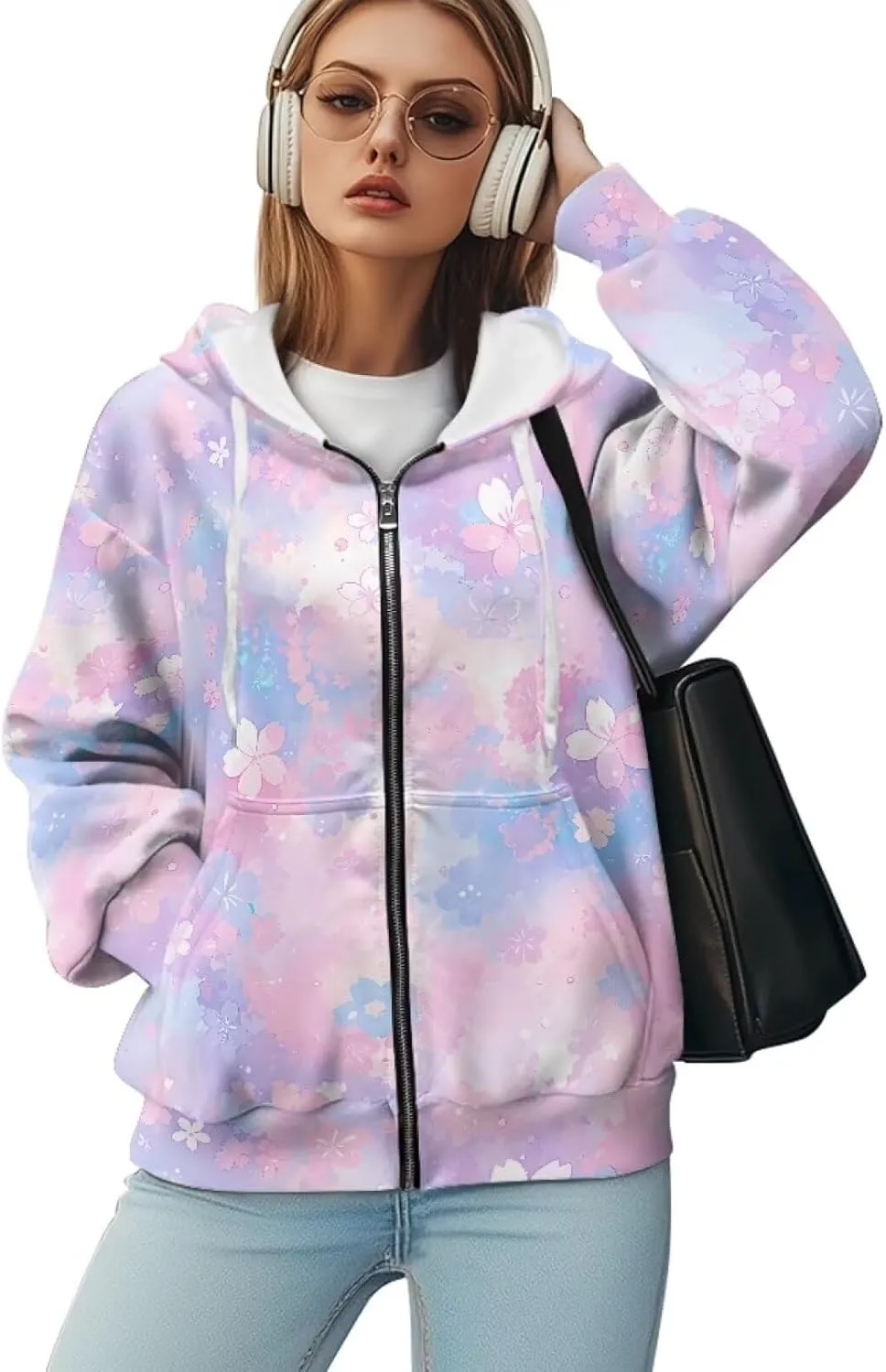 Womens Oversized Hoodies Custom Full Zip Hooded Sweatshirt with Pockets Ladies Long Sleeve Comfy Coat Top with Hood