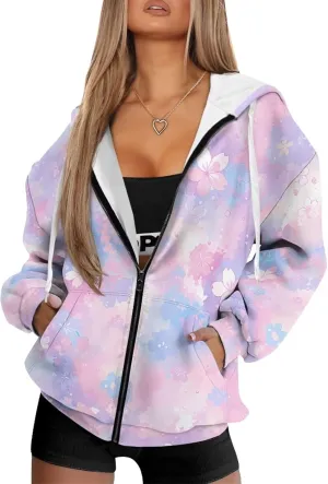 Womens Oversized Hoodies Custom Full Zip Hooded Sweatshirt with Pockets Ladies Long Sleeve Comfy Coat Top with Hood