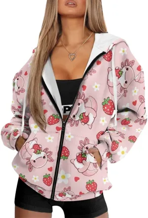 Womens Oversized Hoodies Custom Full Zip Hooded Sweatshirt with Pockets Ladies Long Sleeve Comfy Coat Top with Hood