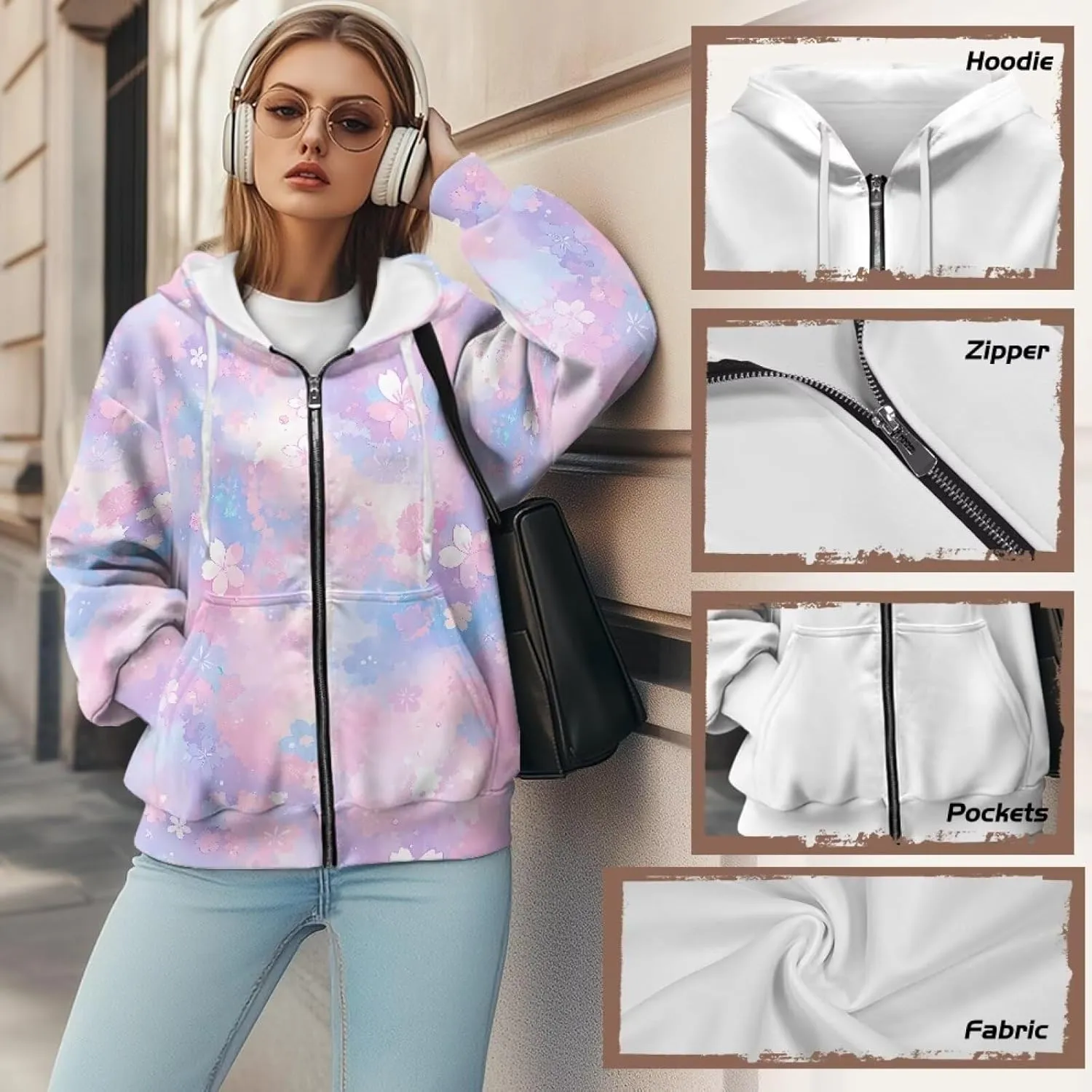 Womens Oversized Hoodies Custom Full Zip Hooded Sweatshirt with Pockets Ladies Long Sleeve Comfy Coat Top with Hood