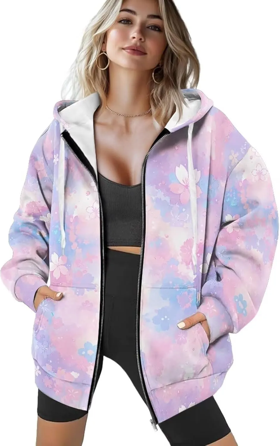 Womens Oversized Hoodies Custom Full Zip Hooded Sweatshirt with Pockets Ladies Long Sleeve Comfy Coat Top with Hood