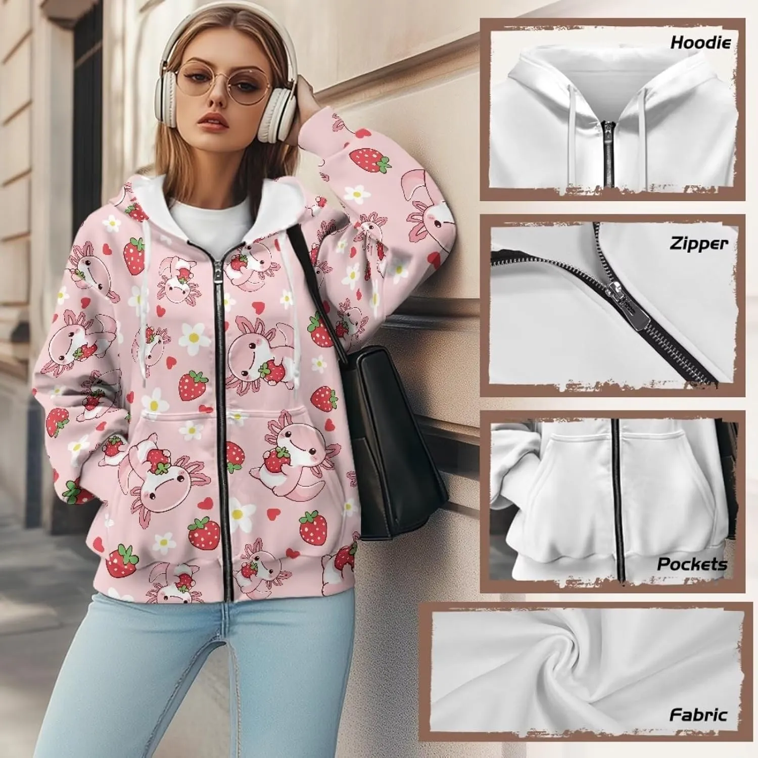 Womens Oversized Hoodies Custom Full Zip Hooded Sweatshirt with Pockets Ladies Long Sleeve Comfy Coat Top with Hood