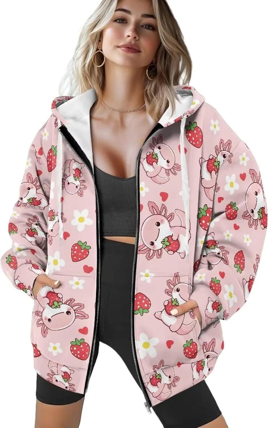 Womens Oversized Hoodies Custom Full Zip Hooded Sweatshirt with Pockets Ladies Long Sleeve Comfy Coat Top with Hood