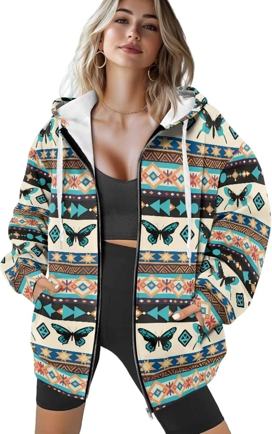 Womens Oversized Hoodies Custom Full Zip Hooded Sweatshirt with Pockets Ladies Long Sleeve Comfy Coat Top with Hood