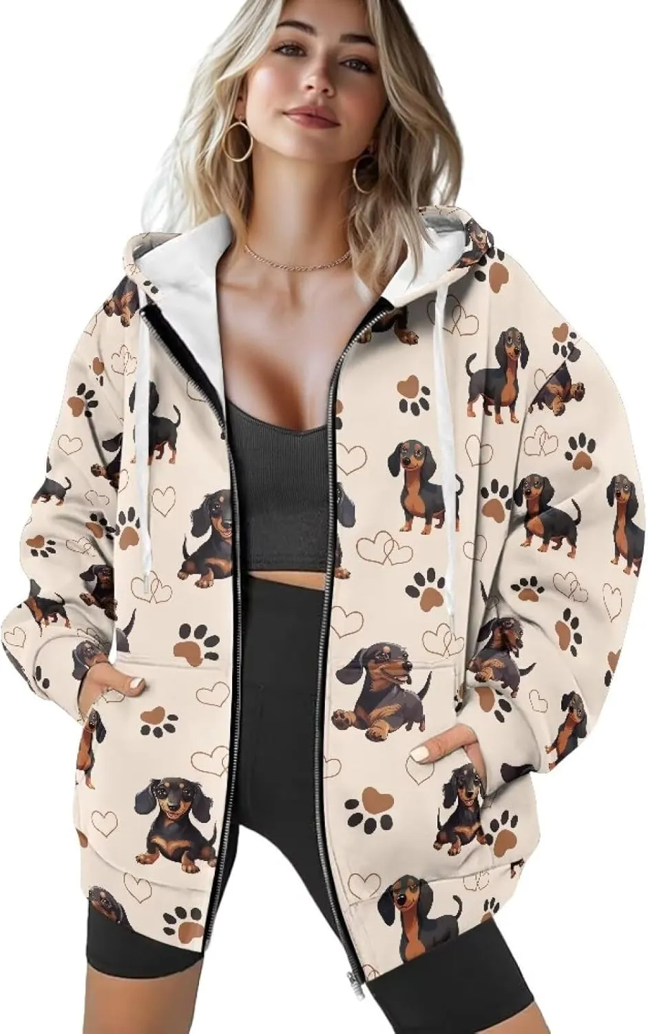 Womens Oversized Hoodies Custom Full Zip Hooded Sweatshirt with Pockets Ladies Long Sleeve Comfy Coat Top with Hood