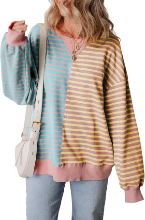 Womens Oversized Sweatshirts Striped Color Block Crewneck Sweatshirt Long Sleeve Casual Pullover Y2K Fall Top