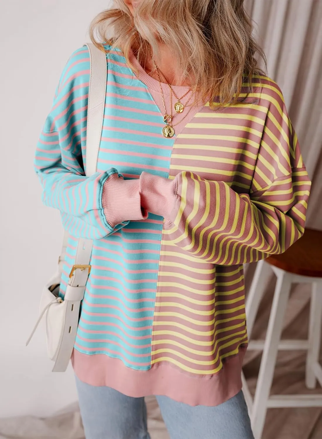 Womens Oversized Sweatshirts Striped Color Block Crewneck Sweatshirt Long Sleeve Casual Pullover Y2K Fall Top