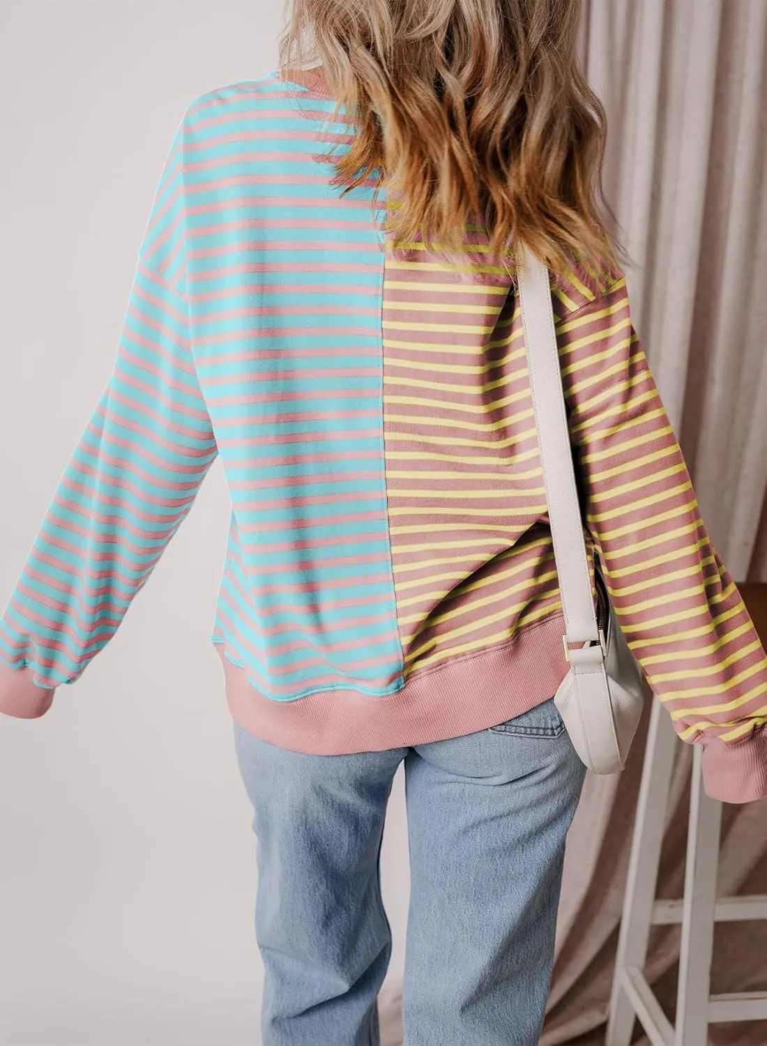 Womens Oversized Sweatshirts Striped Color Block Crewneck Sweatshirt Long Sleeve Casual Pullover Y2K Fall Top