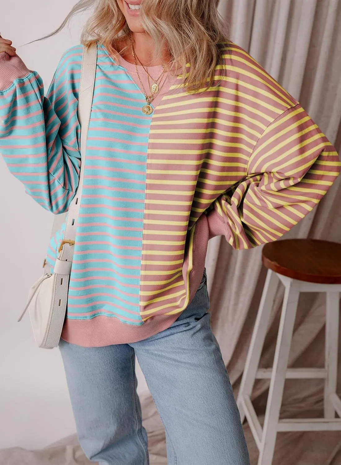 Womens Oversized Sweatshirts Striped Color Block Crewneck Sweatshirt Long Sleeve Casual Pullover Y2K Fall Top