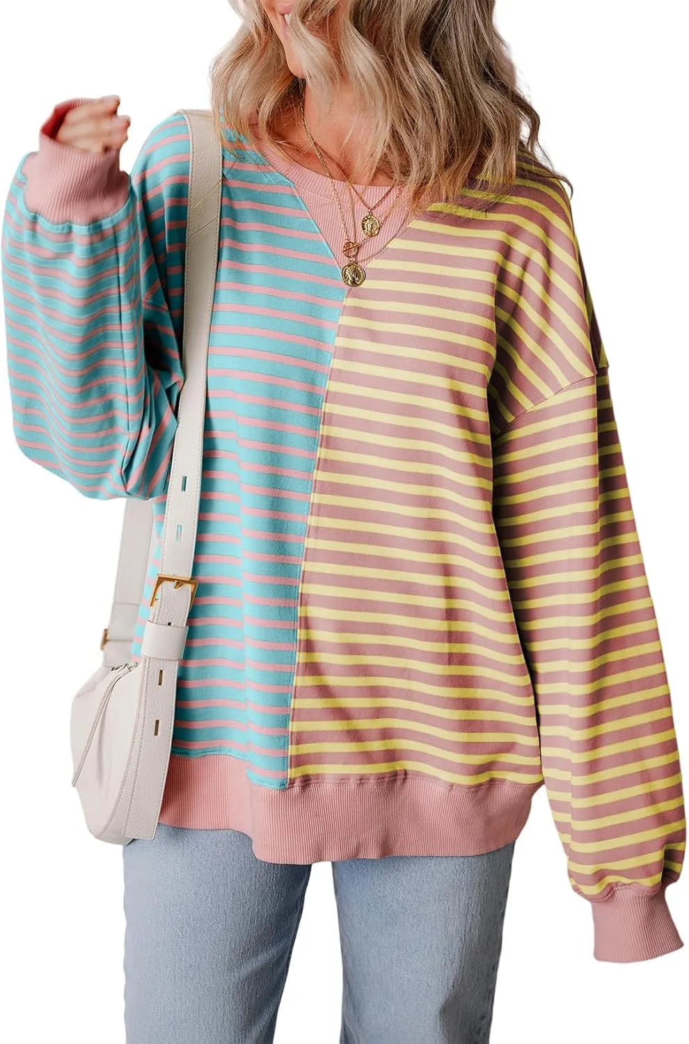 Womens Oversized Sweatshirts Striped Color Block Crewneck Sweatshirt Long Sleeve Casual Pullover Y2K Fall Top
